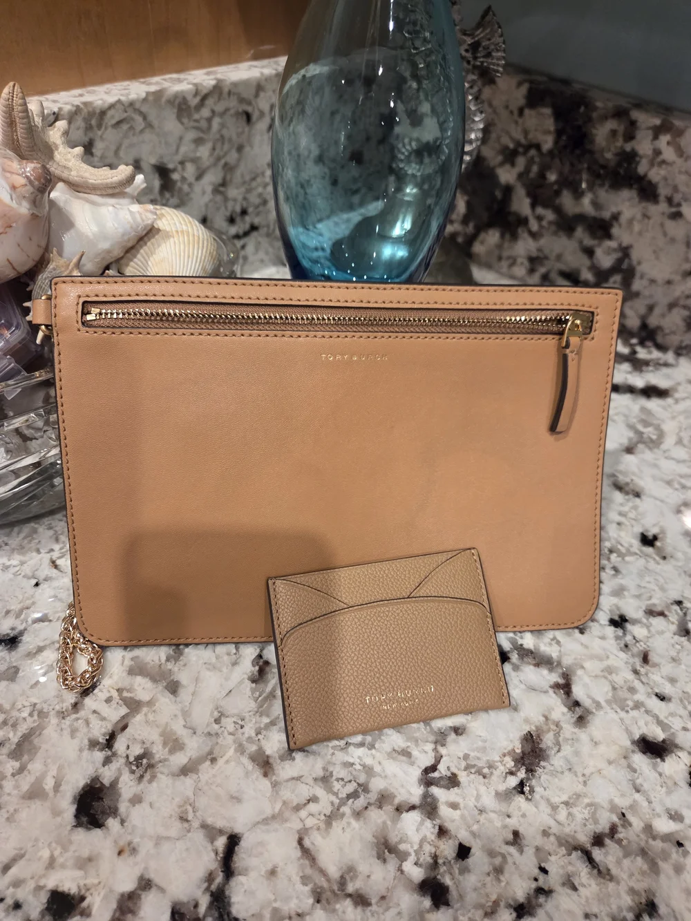 Tory Burch Tan Leather Zip Pouch with Gold Logo